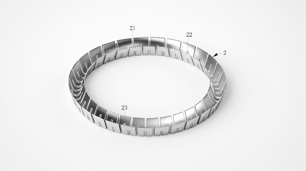 一种HA型弹簧组合油封结构图6图6（V型弹簧立体图）：显示弹片（23）、第一凹槽（21）与第二凹槽（22）的交错排列，阐释预紧力产生机制。
