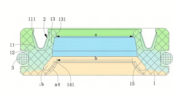 一种HA型弹簧组合油封结构图1图1（剖视图）：展示油封本体、V型弹簧、O型圈的轴向分布，主唇口（131）与副唇口（141）的梯度位置关系。