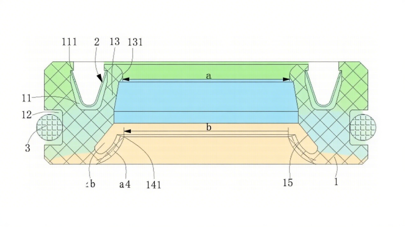 一种HA型弹簧组合油封结构图1图1（剖视图）：展示油封本体、V型弹簧、O型圈的轴向分布，主唇口（131）与副唇口（141）的梯度位置关系。