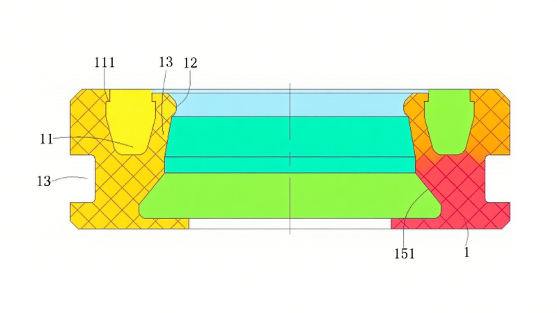 一种HA型弹簧组合油封结构图3图3（车制剖视图）：呈现增压槽斜面（151）与副油封臂（14）的弯曲角度，验证“向外倾斜-向内弯曲”的独特结构。